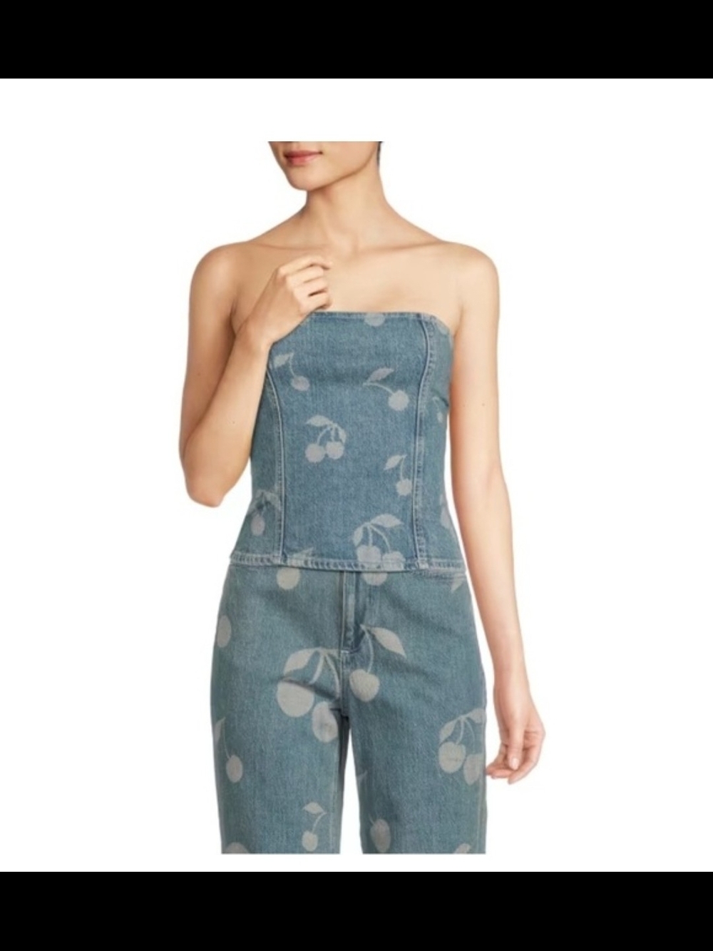 Vero Moda Cherry-Print Strapless Denim Top NWT